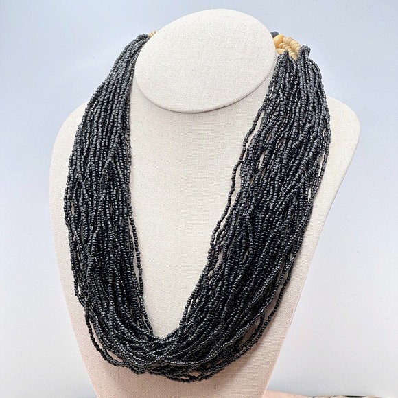 Vintage Artisan Jewelry - Vintage 70s Black Seed Bead Waterfall Necklace Multi Strand Boho Layered Collar
